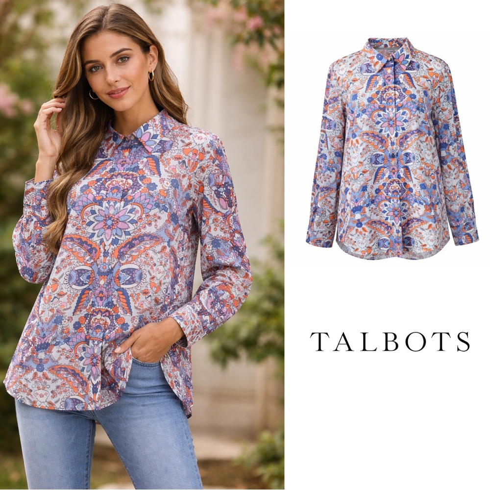 NEW Talbots Floral Paisley Button-Down Blouse in Lavender Multi